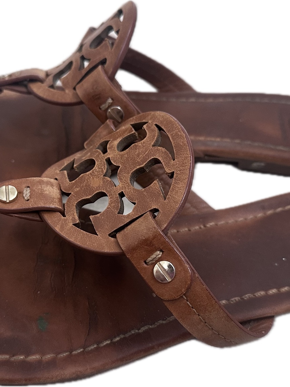 Tory Burch Brown Leather Logo Thong Sandals - Picture 2 of 9